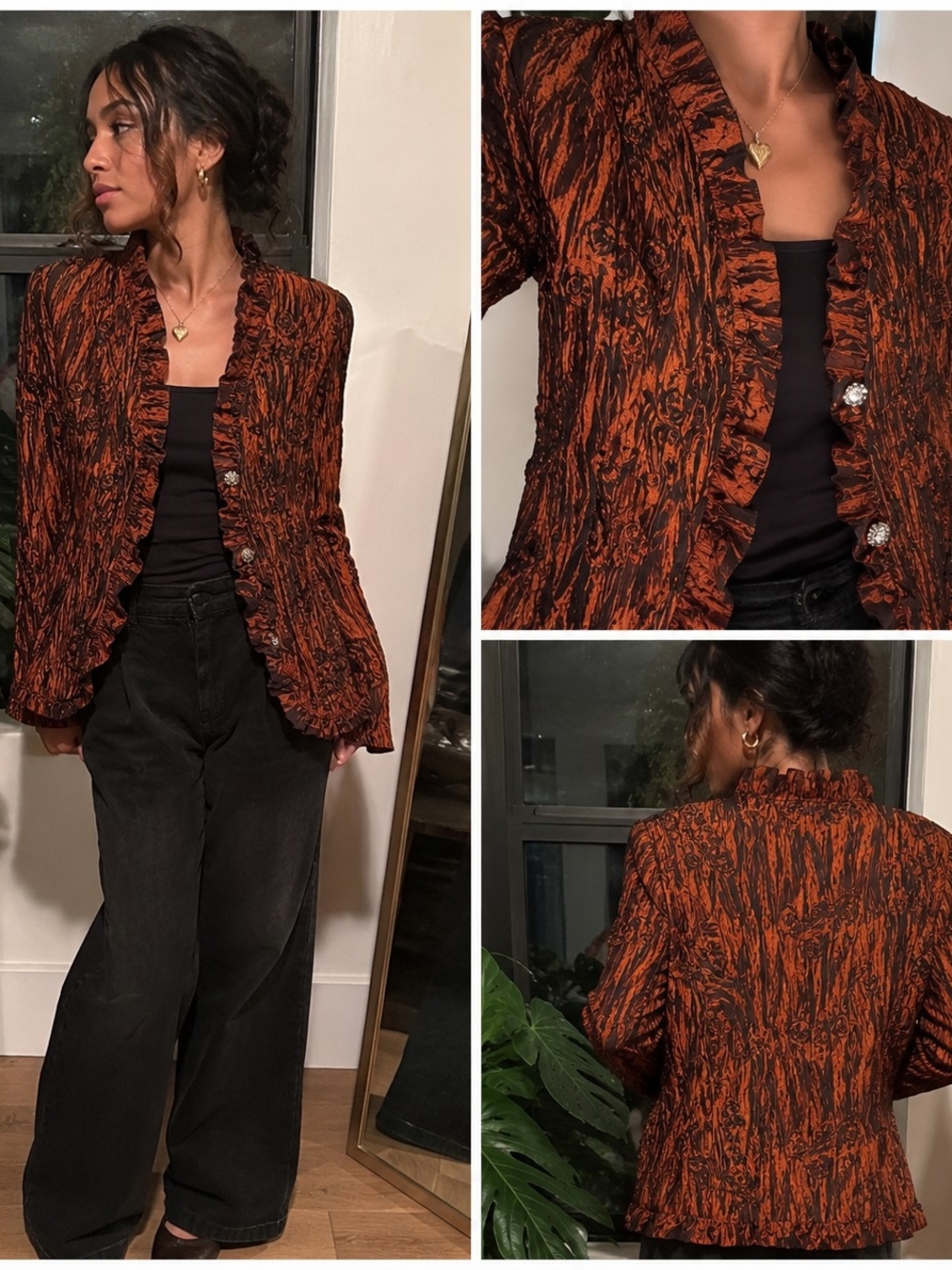 Coldwater Creek Rust and Black Ruffled Open-Front Blazer